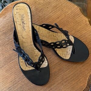EUC Madeline Black Women's Sandals with Faux Cork Insole and Kitten Heels